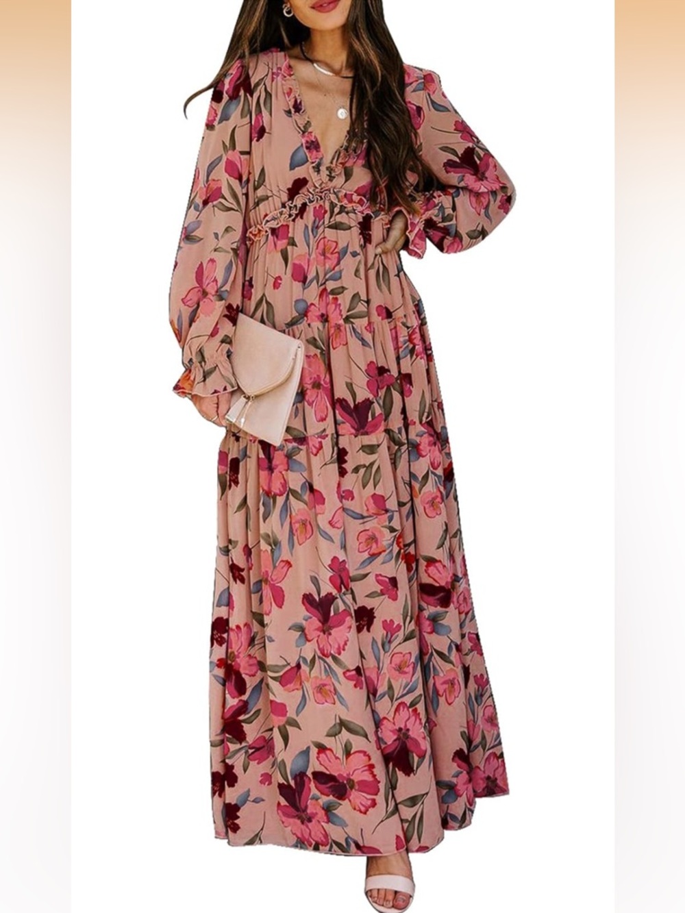Floral Ruffle V-Neck Maxi Dress - Pink Floral Size Small - Picture 8 of 9